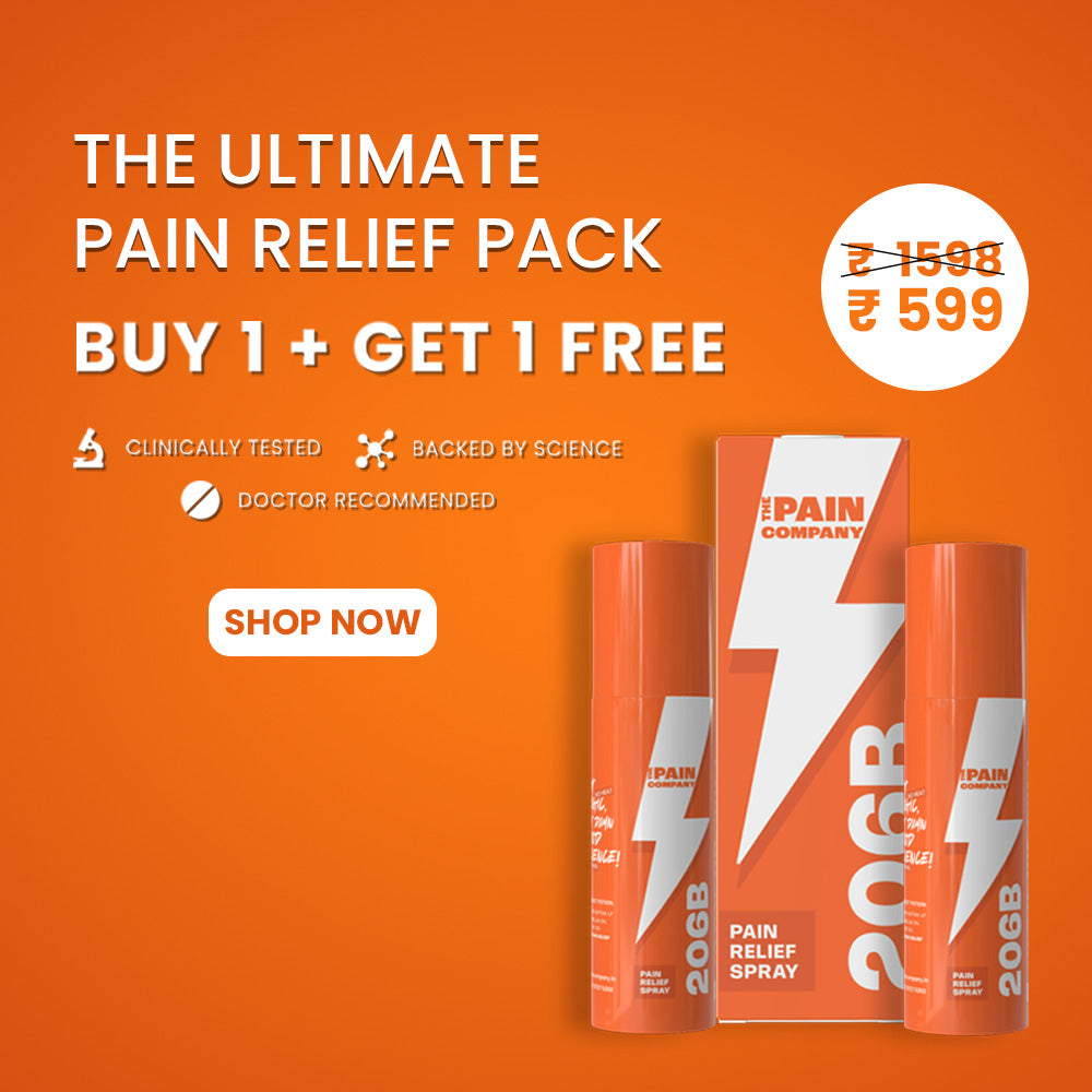 Pain relief spray packaging with promotional text on an orange background