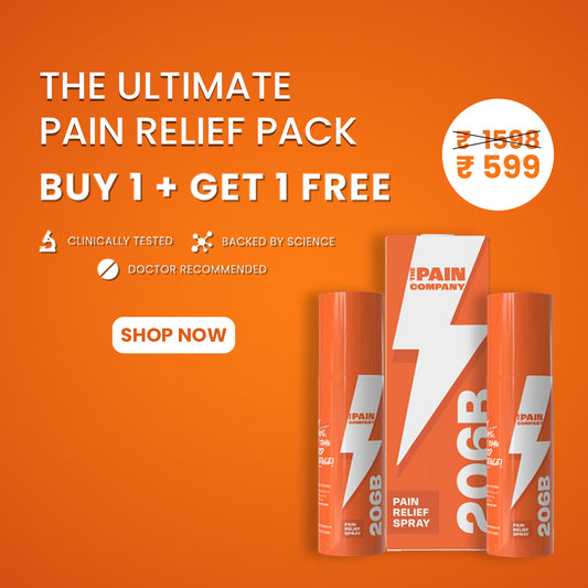 Pain relief spray packaging with promotional text on an orange background